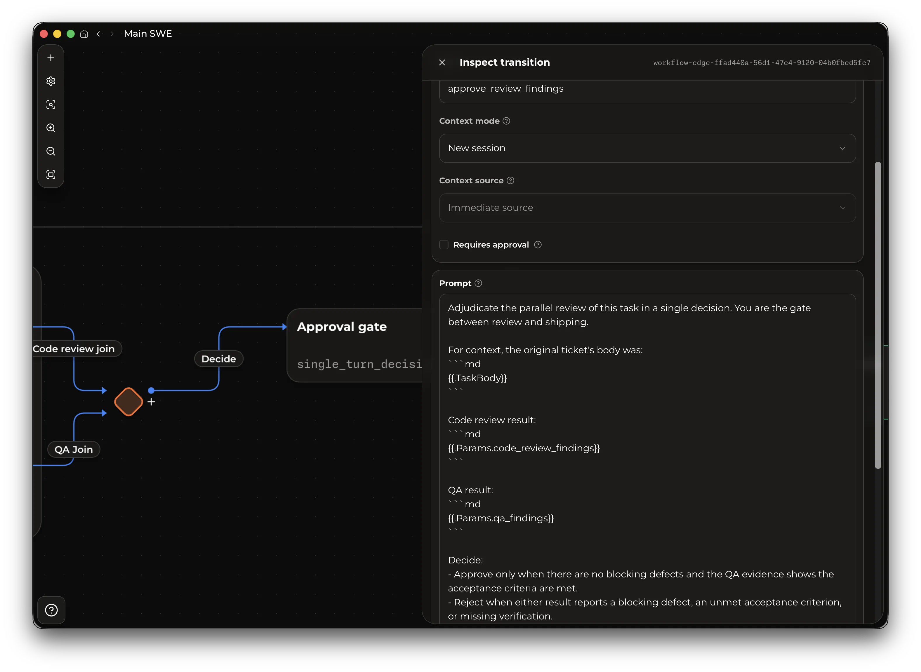 Kent Desktop workflow transition inspector showing a prompt with task and parameter placeholders.
